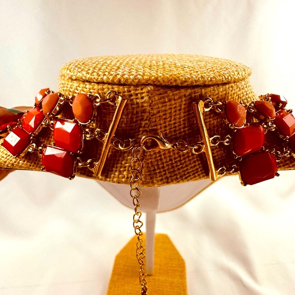 Coral Red Pink Gold 3 Tier Necklace Statement Piece VTG Adjustable Gorgeous - Picture 4 of 5